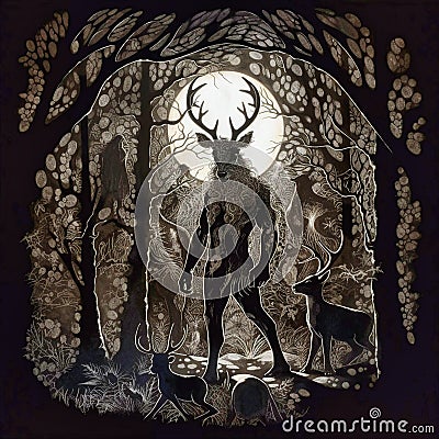 Cernunnos nocturnal realm moonlit night, generative AI Stock Photo