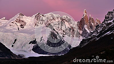 Cerro Torre Mountain in Patagonia, Argentina. Morning colorful light before sunrise. Stock Photo