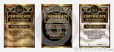Certificate of achievement or diploma. Set gold. Reward. Winning Vector Illustration