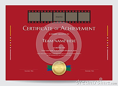 Certificate of achievement template with photo space in movie film Vector Illustration