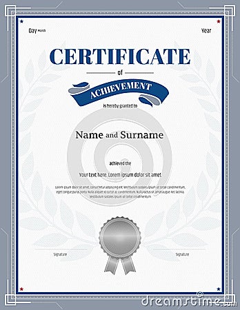 Certificate of achievement template with silver gray border Vector Illustration