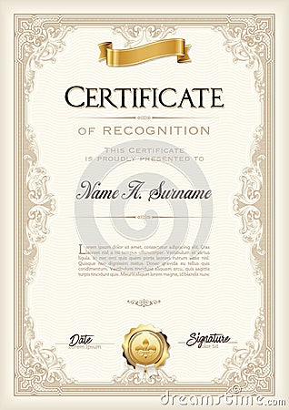 Certificate of Achievement Vintage Frame with Gold Ribbon. Portrait. Vector Illustration