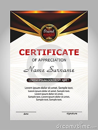 Certificate of appreciation, diploma. Reward. Winning the competition. Award winner. Vector Vector Illustration