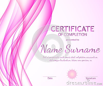 Certificate of completion template with dynamic pink soft wavy background. Curved lines in elegant smooth style. Vector Illustration