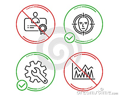Certificate, Customisation and Face detect icons set. Investment sign. Best employee, Settings, Select target. Vector Vector Illustration