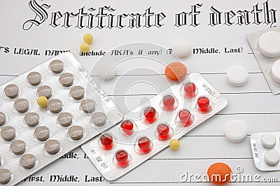 Certificate of death and pills. Stock Photo