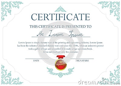 Certificate design template with Thai art frame and 3d red qualified badge Stock Photo