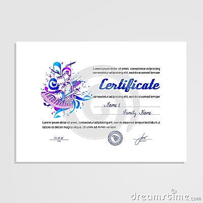 Certificate, Diploma, subject - music. Vector Illustration