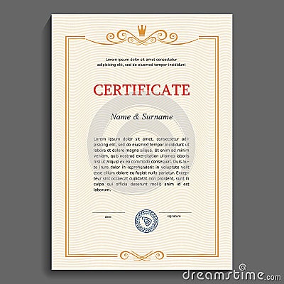 Certificate or diploma vertical template. Vintage vertical gold frame on a plain security mesh background. Gratitude, victory, Vector Illustration