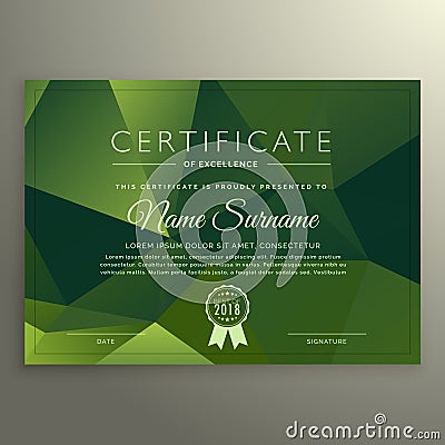 Certificate of excellence design with abstract green poly shapes Vector Illustration