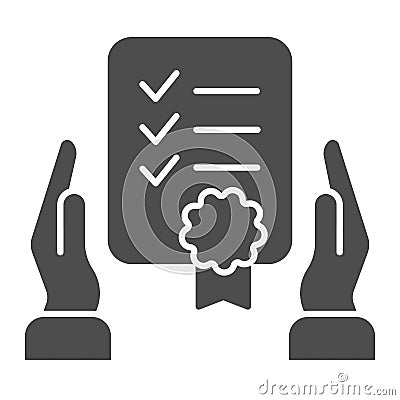 Certificate in hands solid icon. Warranty list vector illustration isolated on white. Document certified glyph style Vector Illustration