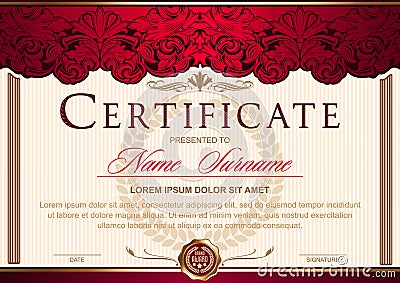 Certificate horizontal in the style of vintage, rococo, baroque in the form of a scene with scenes and columns Vector Illustration