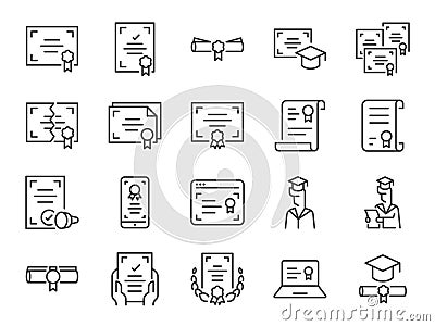 Certificate icon set. It included diploma, certificated, authorization, verification, and more icons. Editable Vector Stroke. Vector Illustration