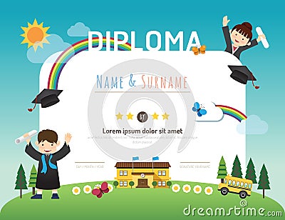 Certificate kids diploma, kindergarten template layout background frame design vector. education preschool concept flat art style Vector Illustration