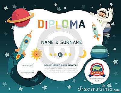 Certificate kids diploma, kindergarten template layout space background frame design vector. education preschool concept flat art Vector Illustration