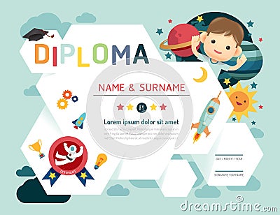Certificate kids diploma, kindergarten template Vector Illustration