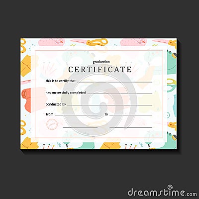 Certificate layout for sewing or crafts course, classes or workshop, vector diploma for graduation. Colorful Vector Illustration