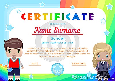 certificate with the little girl and boy students in school uniform, rainbows,the sky and stars Vector Illustration