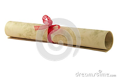 Certificate paper scroll isolated on white with bow. diploma or award document. Graduation, success achievement parchment with Stock Photo