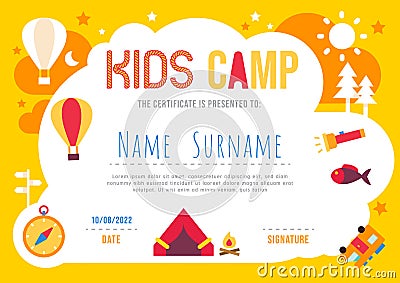 Certificate summer camp kids diploma, kindergarten template layout nature eco vector Vector Illustration