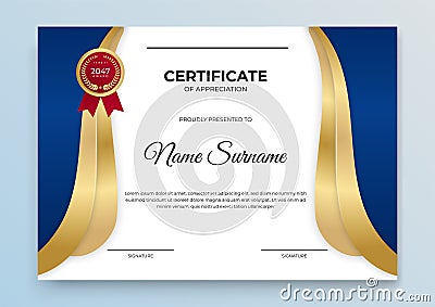 Certificate template blue and gold. Modern online course, diploma, corporate training certificate design Stock Photo