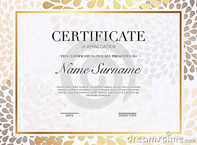 Certificate template with golden decoration element. Design diploma graduation, award. Vector illustration. Vector Illustration