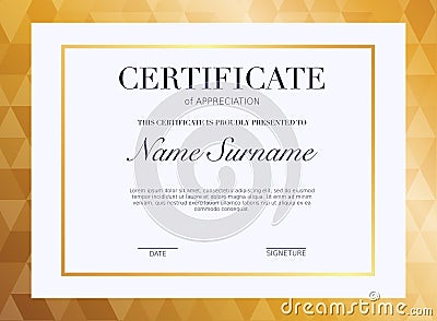 Certificate template with golden decoration element. Design diploma graduation, award. Vector illustration. Vector Illustration