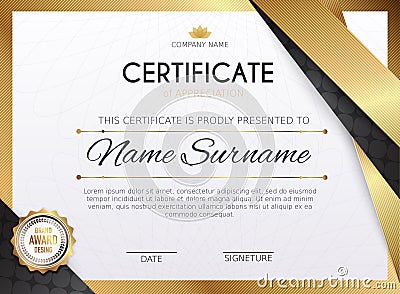 Certificate template with golden decoration element. Design diploma graduation, award. Vector illustration. Vector Illustration