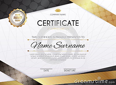 Certificate template with golden decoration element. Design diploma graduation, award. Vector illustration Vector Illustration