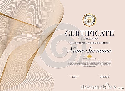 Certificate template with golden decoration element. Design diploma graduation, award. Vector illustration Vector Illustration