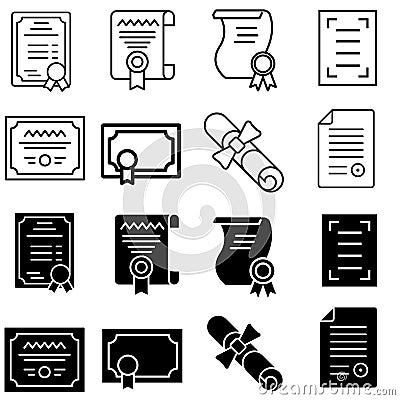 Certificate vector icon set. Diploma illustration sign collection. document symbol. Vector Illustration