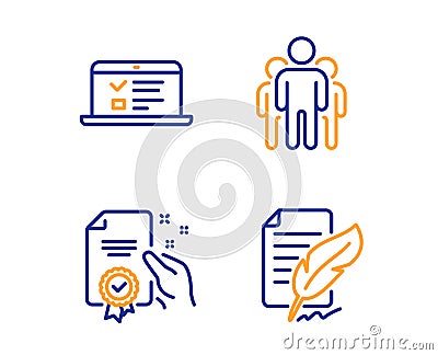 Certificate, Web lectures and Group icons set. Feather signature sign. Vector Vector Illustration