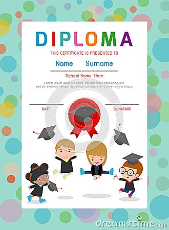 Certificates kindergarten and elementary, Preschool Kids Diploma certificate background design template. Vector Illustration