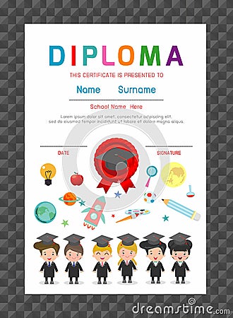 Certificates kindergarten and elementary, Preschool Kids Diploma certificate background design template. Vector Illustration