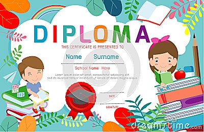 Certificates kindergarten and elementary, Preschool Kids Diploma certificate background design template Vector Illustration