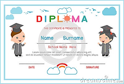 Certificates kindergarten and elementary, Preschool Kids Diploma certificate background design template, Diploma template for kind Vector Illustration