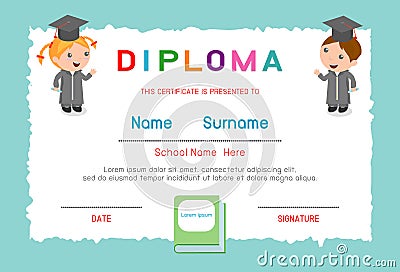 Certificates kindergarten and elementary, Preschool Kids Diploma certificate background design template, Diploma template for kind Vector Illustration