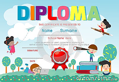 Certificates kindergarten and elementary, Preschool Kids Diploma certificate pattern design template, Diploma Vector Illustration