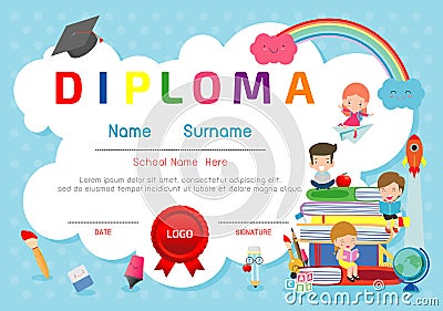 Certificates kindergarten and elementary, Preschool Kids Diploma certificate pattern design template, Diploma template Vector Illustration