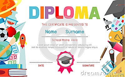 Certificates kindergarten and elementary, Preschool Kids Diploma certificate pattern design template, Diploma template Vector Illustration