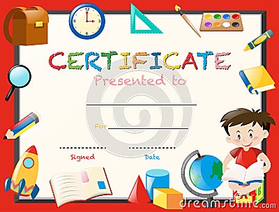 Certification template with boy reading book Vector Illustration