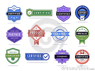 Certified badge. Company partner tag, checked expert or master accreditation stamp and product certification mark vector Vector Illustration