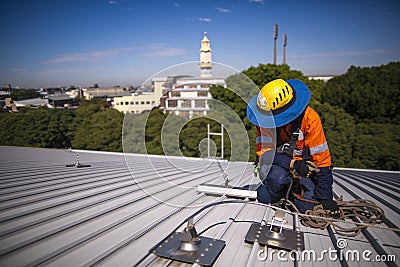 Certifies industry inspector worker, wearing safety fall protection hard hat conducting inspection services Stock Photo