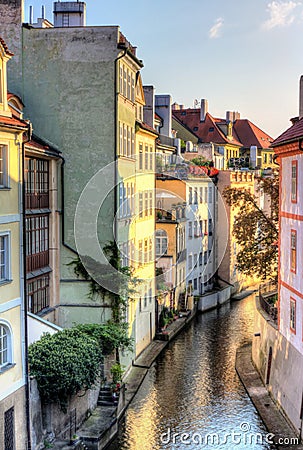 Certovka river and buildings, prague Stock Photo