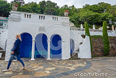 Cerulean and white seashore pavilion, Portmeirion, North Wales Editorial Stock Photo