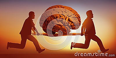 Symbol of mental illness with a brain carried by stretcher bearers. Stock Photo