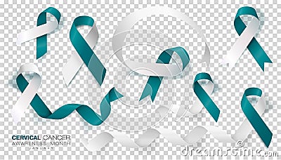 Cervical Cancer Awareness Month. Teal And White Ribbon Isolated On Transparent Background. Vector Design Template For Vector Illustration