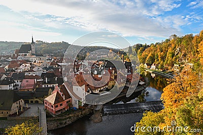 Sunrise view of Cesky Krumlov Town in autumn from the castal, Czech Republic Stock Photo