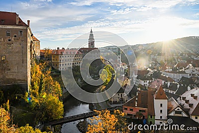 Sunrise view of Cesky Krumlov Town in autumn from the castal, Czech Republic Stock Photo