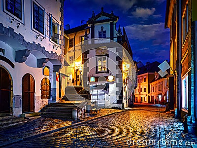 Cesky Krumlov. Czech Republic. Evening antique lane Stock Photo